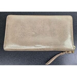 Fossil Rose Gold Leather Zip-Around Credit Card Wallet Multi Pocket Shimmer Boho